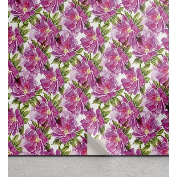 Ambesonne Floral Peel & Stick Wallpaper for Home, Watercolor Paint Flowers, 13"x100", Hot Pink Green Lilac