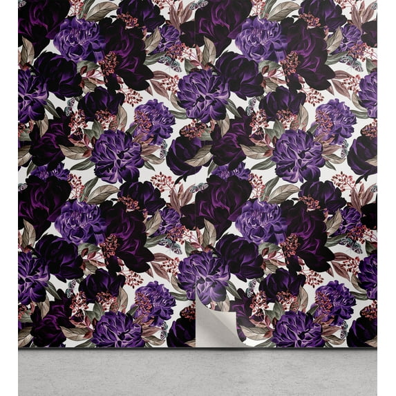 Ambesonne Floral Peel & Stick Wallpaper for Home, Watercolor Paint Print Art, 13"x36", Dark Purple Coral Coconut