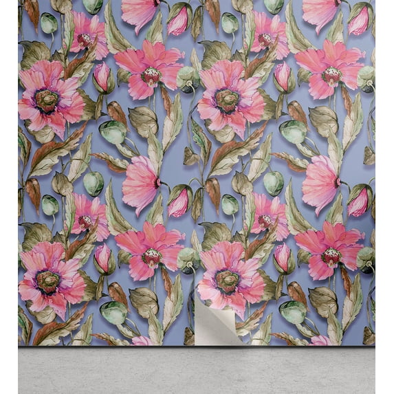 Ambesonne Floral Peel & Stick Wallpaper for Home, Watercolor Poppy Botanical, 13"x100", Pastel Pink Sepia and Blue