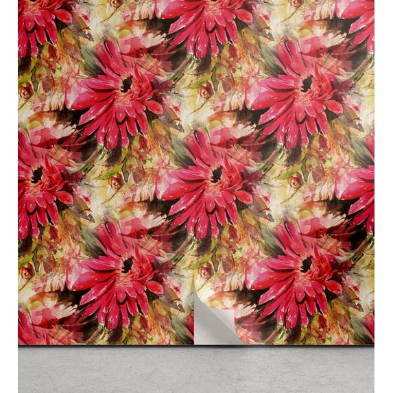 Ambesonne Floral Peel & Stick Wallpaper for Home, Watercolor Red Gerberas Art, 13"x100", Dark Coral and Olive Green