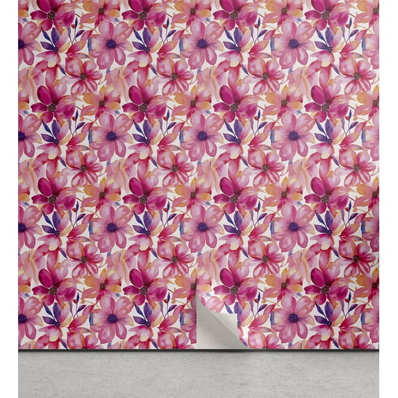 Ambesonne Floral Peel & Stick Wallpaper for Home, Watercolor Simplified Flower, 13"x100", Hot Pink Blue Violet