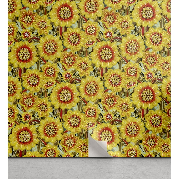 Ambesonne Floral Peel & Stick Wallpaper for Home, Whimsical Vintage Flowers, 13"x36", Mustard and Burnt Orange