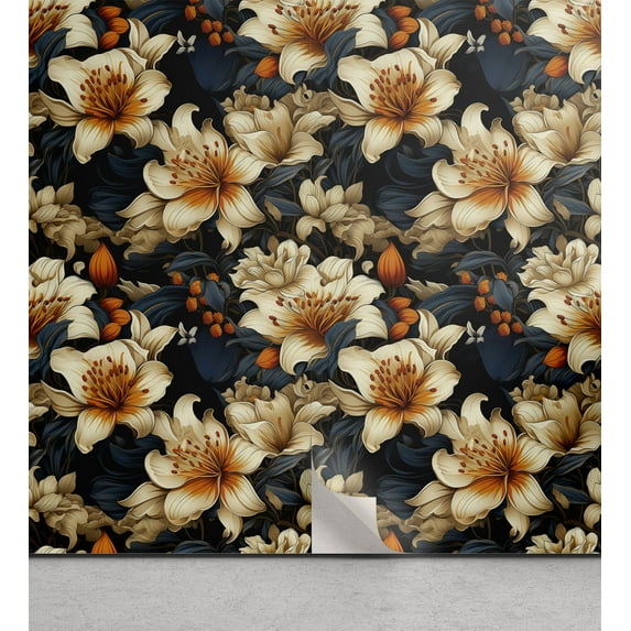 Ambesonne Floral Peel & Stick Wallpaper for Home, White Peonies Pattern Plot, 13"x36", Dark Orange and Slate Blue