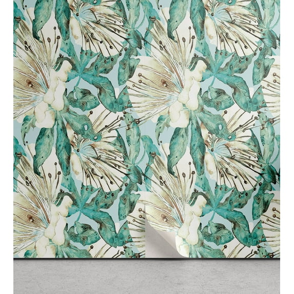 Ambesonne Floral Peel & Stick Wallpaper for Home, Wild Nature Forest Flowers, 13"x100", Ivory Seafoam Turquoise