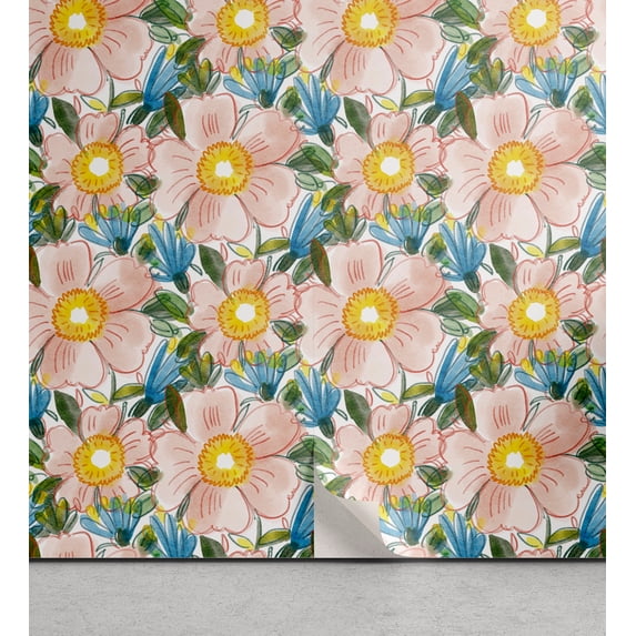Ambesonne Floral Peel & Stick Wallpaper for Home, Wild Pink Flower Paint Print, 13"x72", Pale Rose Mustard Blue