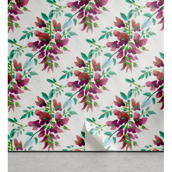 Ambesonne Floral Peel & Stick Wallpaper for Home, Wistaria Flowers Repeating, 13"x100", Pistachio Green and Ruby