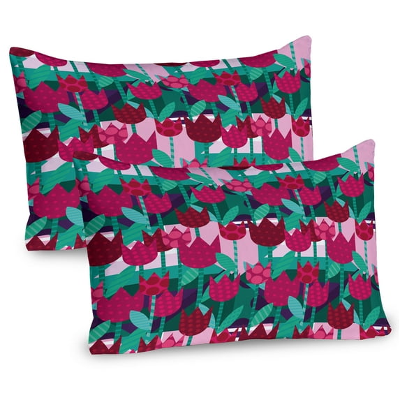 Ambesonne Floral Pillow Sham 2 Pack, Abstract Tulips Flowers, 30"x20", Jade Green and Red