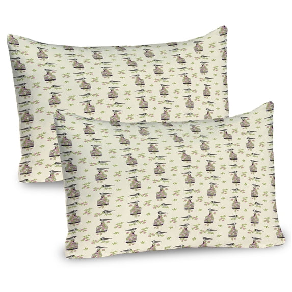 Ambesonne Floral Pillow Sham 2 Pack, Birds Cages and Roses Leaves, 26"x20", Cream and Multicolor