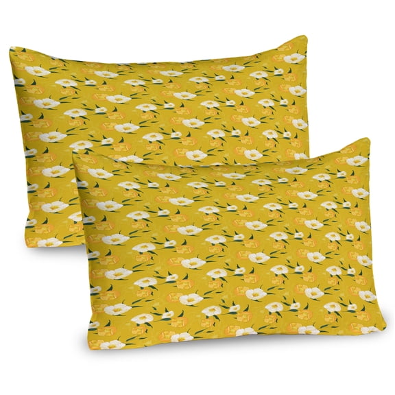 Ambesonne Floral Pillow Sham 2 Pack, Blooming Spring Flowers Art, 30"x20", Dark Yellow Hunter Green