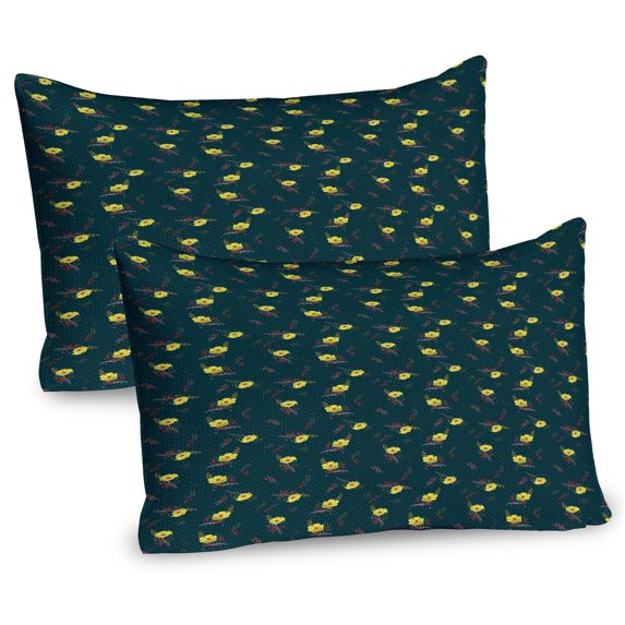 Ambesonne Floral Pillow Sham 2 Pack, Blooms and Retro Polka Dots, 26"x20", Hunter Green and Yellow