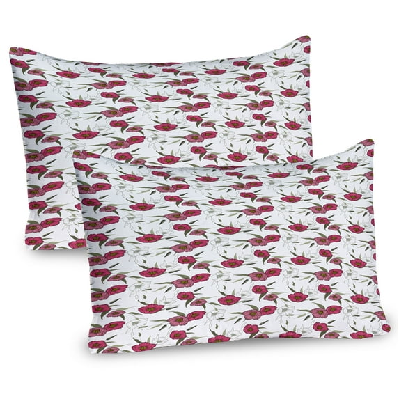 Ambesonne Floral Pillow Sham 2 Pack, Botany Themed Pink Poppy, 36"x20", Dried Rose Army Green