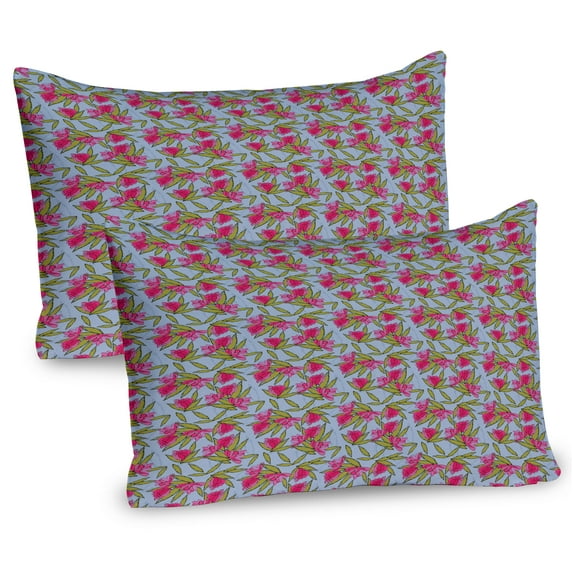 Ambesonne Floral Pillow Sham 2 Pack, Cartoon Style Flowers Design, 36"x20", Ceil Blue Pink Green