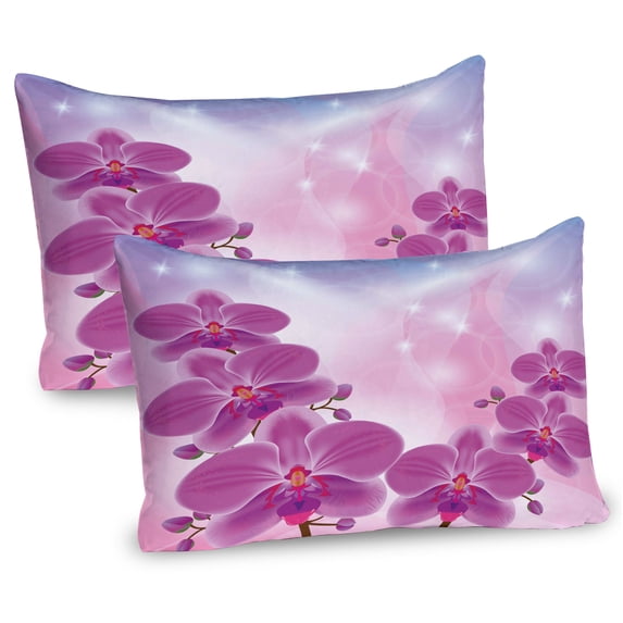 Ambesonne Floral Pillow Sham 2 Pack, Exotic Orchid Flowers, 26"x20", Purple Pale Pink Blue