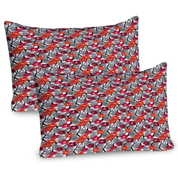 Ambesonne Floral Pillow Sham 2 Pack, Flowers with Striped Leaves, 36"x20", Vermilion Maroon