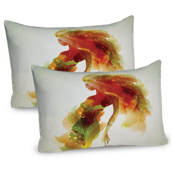 Ambesonne Floral Pillow Sham 2 Pack, Girl Abstract Lady, 36"x20", Eggshell Orange