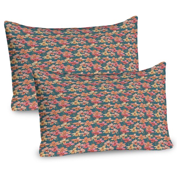 Ambesonne Floral Pillow Sham 2 Pack, Graphical Orchid Flowers, 30"x20", Slate Blue Coral Salmon