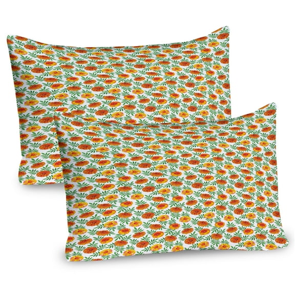 Ambesonne Floral Pillow Sham 2 Pack, Marigold Flowers with Leaves, 36"x20", Vermillion and Green