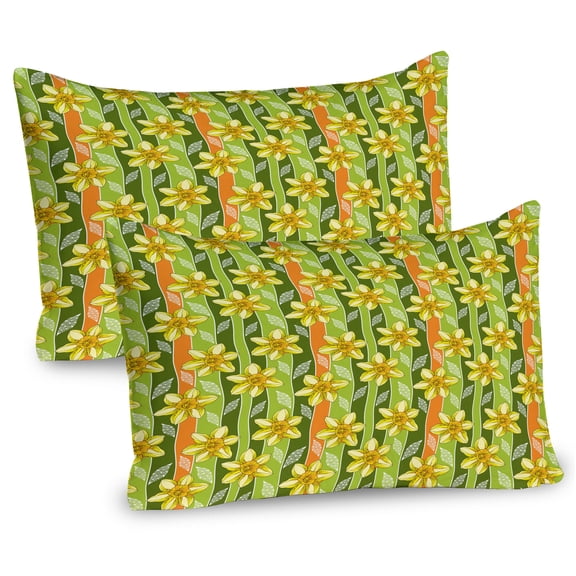 Ambesonne Floral Pillow Sham 2 Pack, Narcissus Flower Ornate, 26"x20", Green Yellow