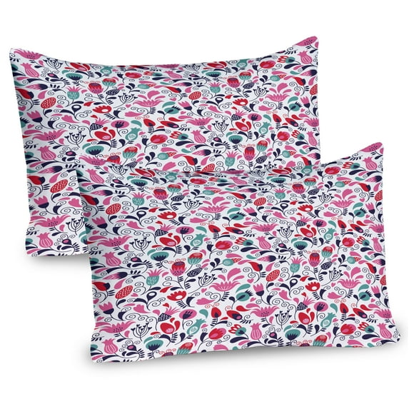 Ambesonne Floral Pillow Sham 2 Pack, Ornate Swirls Tulip Art, 26"x20", Pink Teal Red