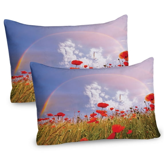 Ambesonne Floral Pillow Sham 2 Pack, Poppy Flowers on Meadow, 30"x20", Red Green Blue