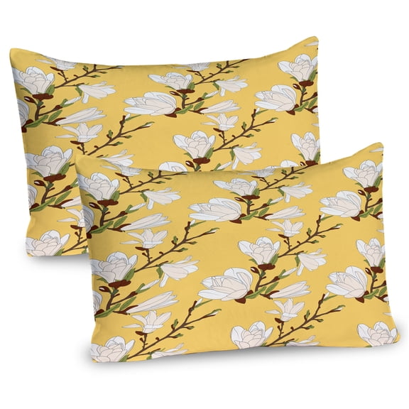 Ambesonne Floral Pillow Sham 2 Pack, Retro Magnolia Branch Art, 26"x20", Mustard Brown and Green