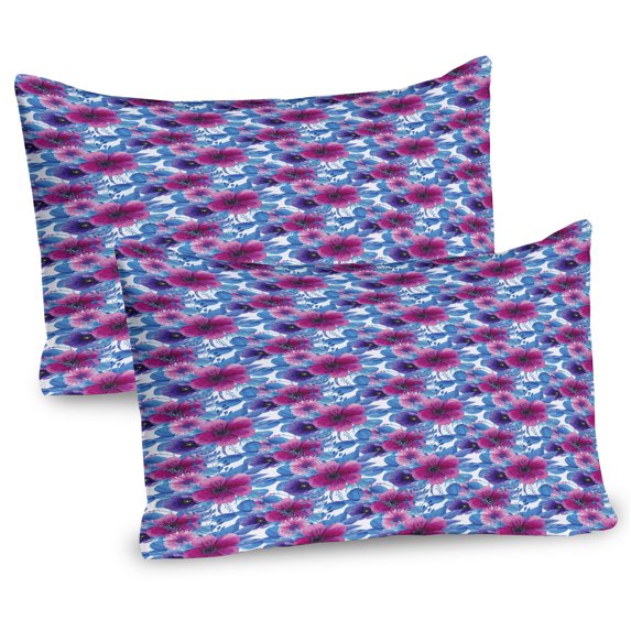 Ambesonne Floral Pillow Sham 2 Pack, Romantic Watercolor Flora, 26"x20", Azure Blue Magenta