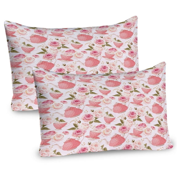 Ambesonne Floral Pillow Sham 2 Pack, Vintage Tea Cups Roses, 26"x20", Fern Green Pale Pink