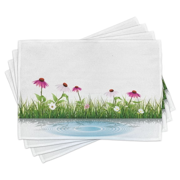 Ambesonne Floral Place Mats Set of 4, Cartoon Flowers by Lake, Standard Size, Multicolor
