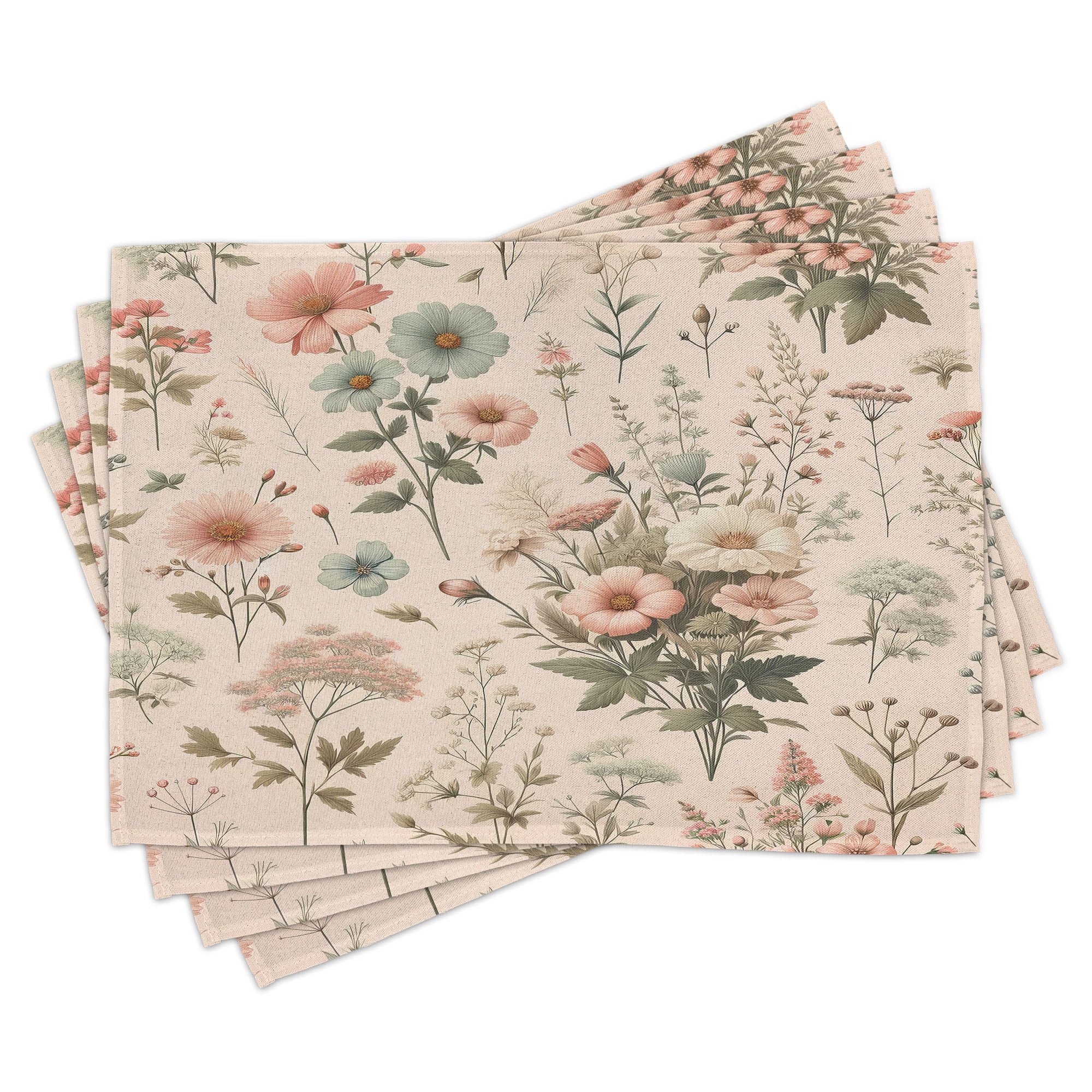 Rose Olive Green Floral Polyester Rectangle Placemats Set of 4