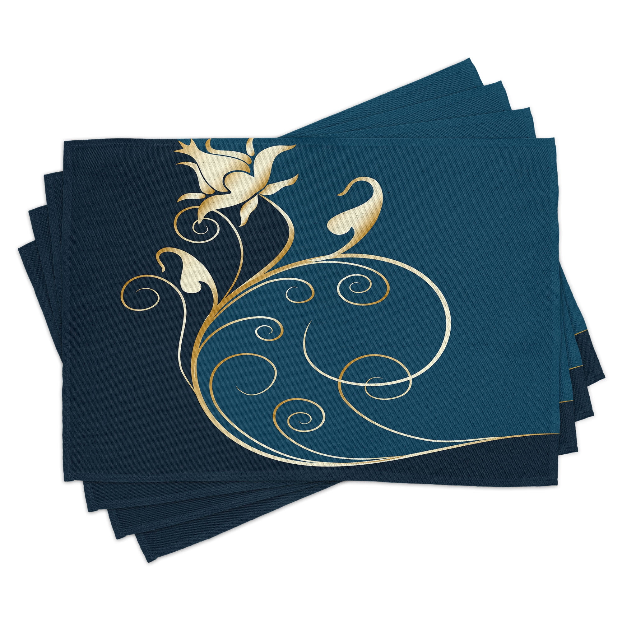 Petrol Blue and Gold Floral Polyester Rectangular Placemats Set