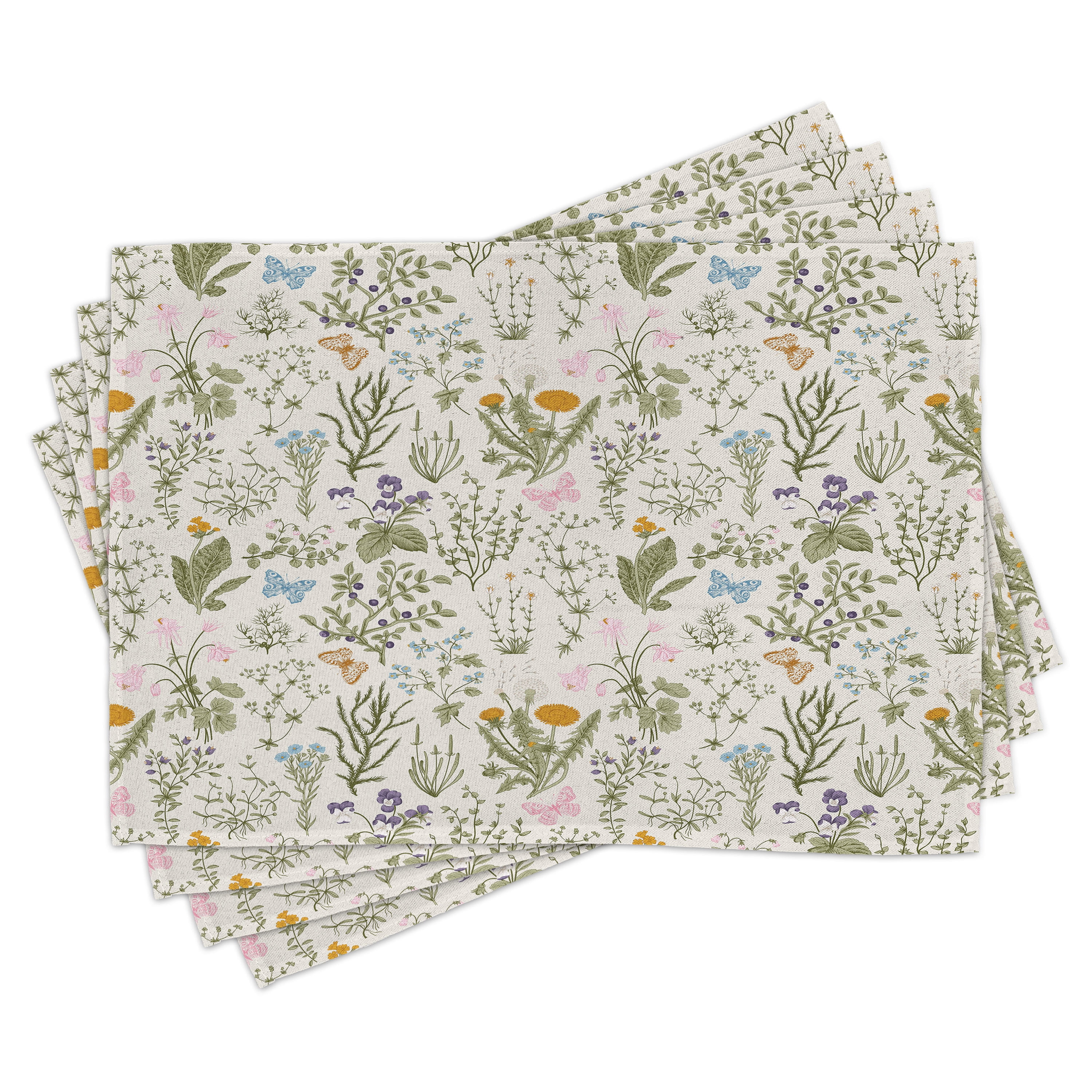 Vintage Garden Botanical Fabric Placemats Set of 4, Reseda Green Beige