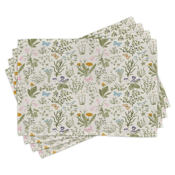 Ambesonne Floral Place Mats Set of 4, Vintage Garden Plants, Standard Size, Reseda Green Beige