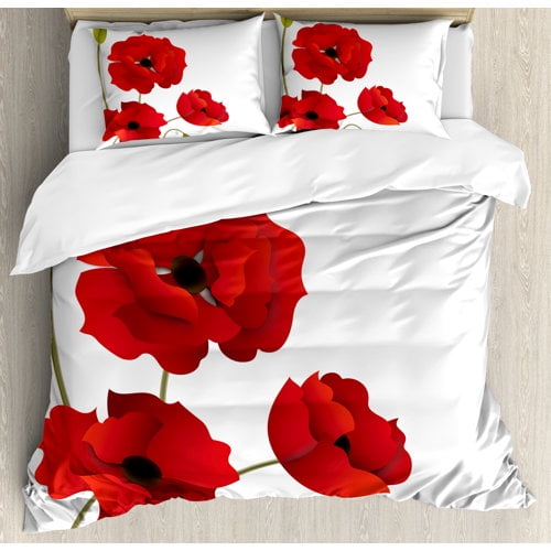 Ambesonne Floral Poppy Flowers Duvet Cover Set