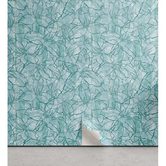 Ambesonne, Floral Print Peel & Stick Wallpaper for Home, Outline Lily Flowers, 13"x36", Seafoam Pale Blue