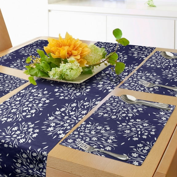 Ambesonne Floral Print Table Runner & Placemats, Wildflowers Scroll, Placemat 4 pcs + Runner 12"x72", Indigo and White