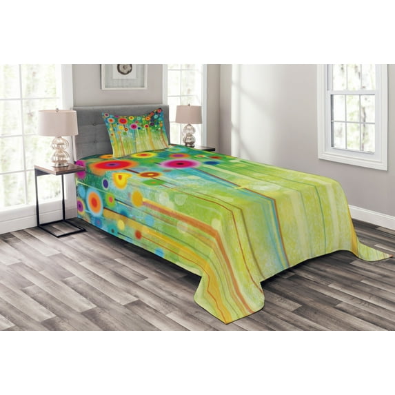 Ambesonne Floral Quilted Bedspread Set 2 Pcs, Abstract Art Dandelion, Twin Size, Multicolor