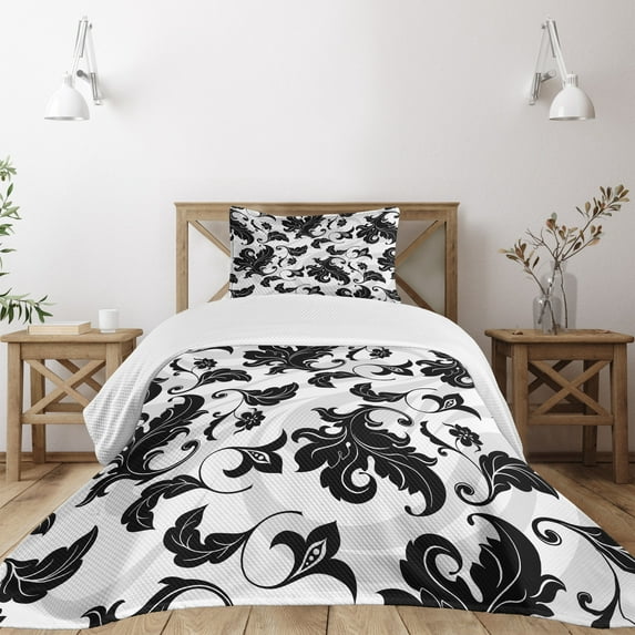 Ambesonne Floral Quilted Bedspread Set 2 Pcs, Abstract Leaf Ivy Swirl, Twin Size, Pale Grey White