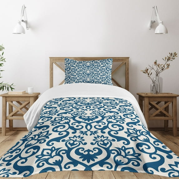 Ambesonne Floral Quilted Bedspread Set 2 Pcs, Antique Damask Curvy Art, Twin Size, Blue White