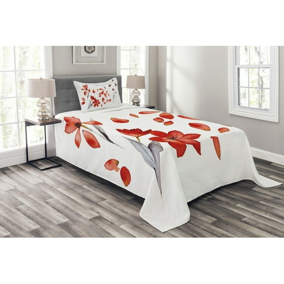 Ambesonne Floral Quilted Bedspread Set 2 Pcs, Autumn Flowers Petals, Twin Size, Red Purplegrey