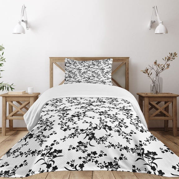 Ambesonne Floral Quilted Bedspread Set 2 Pcs, Baroque Blooms Vintage, Twin Size, Black and White