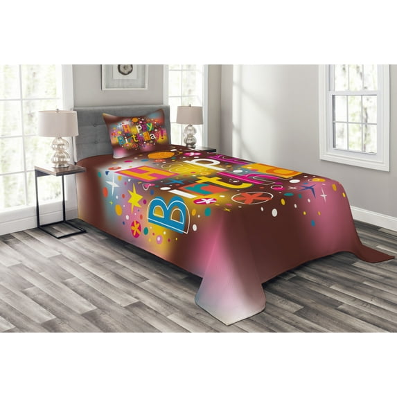 Ambesonne Floral Quilted Bedspread Set 2 Pcs, Birthday Message Fun, Twin Size, Multicolor