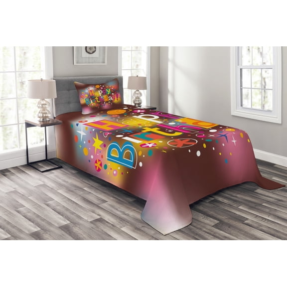 Ambesonne Floral Quilted Bedspread Set 2 Pcs, Birthday Message Fun, Twin Size, Multicolor