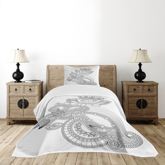 Ambesonne Floral Quilted Bedspread Set 2 Pcs, Blossoming Flowers Print Art, Twin Size, White and Black