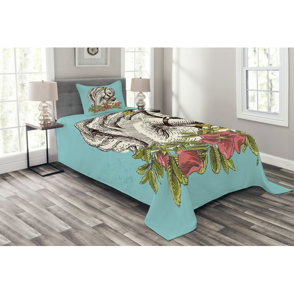 Ambesonne Floral Quilted Bedspread Set 2 Pcs, Boho Horse Poppy Portrait, Twin Size, Apple Green and Turquoise