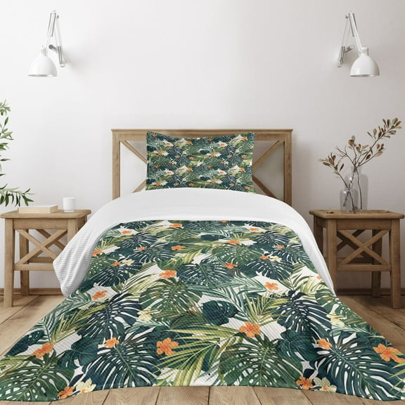Ambesonne Floral Quilted Bedspread Set 2 Pcs, Botanic Tropic Leaves, Twin Size, Green and White