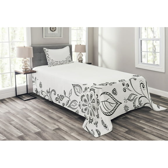 Ambesonne Floral Quilted Bedspread Set 2 Pcs, Botanical Sketchy Bouquet, Twin Size, Black White