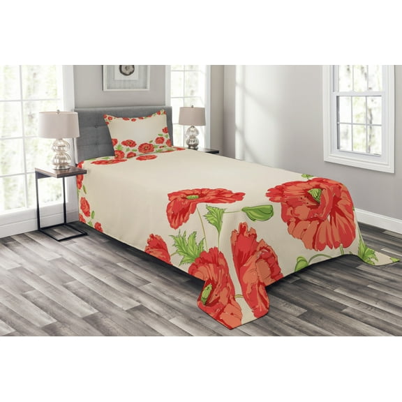 Ambesonne Floral Quilted Bedspread Set 2 Pcs, Card with Poppy Flowers, Twin Size, Red and Beige