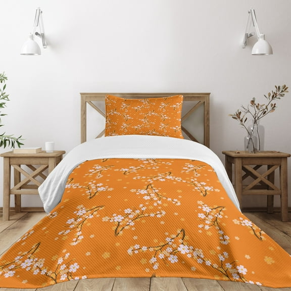 Ambesonne Floral Quilted Bedspread Set 2 Pcs, Cherry Tree Blossoms, Twin Size, Orange White Brown