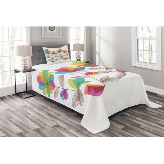 Ambesonne Floral Quilted Bedspread Set 2 Pcs, Colored Blooming Flowers, Twin Size, Multicolor