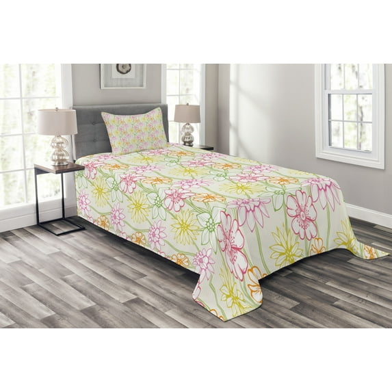 Ambesonne Floral Quilted Bedspread Set 2 Pcs, Colorful Flowers Sketchy, Twin Size, Multicolor